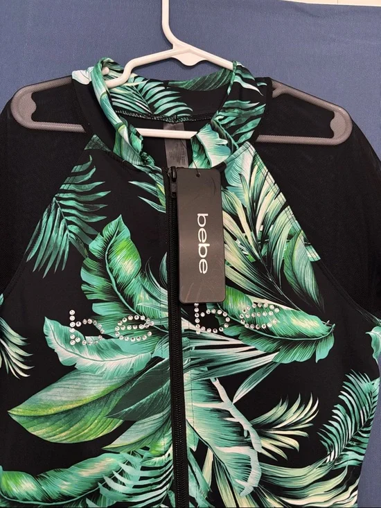 bebe Black Swim Bodysuit with Green Tropical Leaf Print and Front Zip - Picture 2 of 3